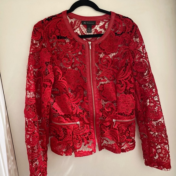 Chic Red Lace Jacket with Leather Trim - Picture 1 of 1